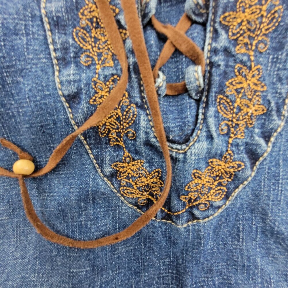 Vintage Faded Glory Dress Women's 14 Blue Denim Leather Lace-up Embroidered Jean - Picture 2 of 11